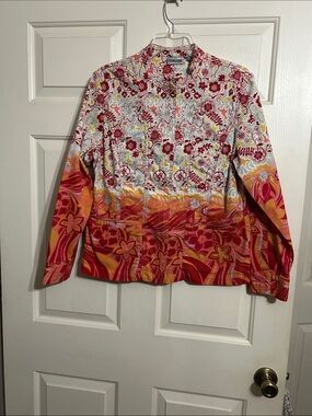 Chico's Multicolor Floral Zip-Front Shirt Jacket - Red, Orange, Yellow